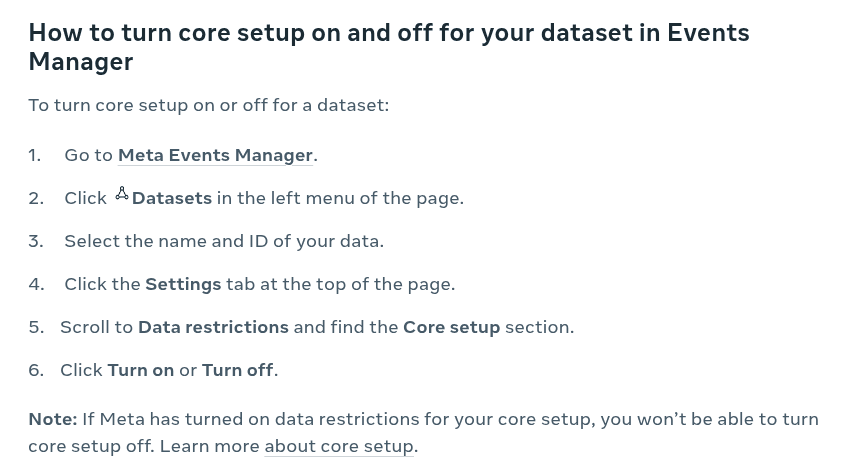 Help Center steps to turn core setup on or off for a dataset in Events Manager, ending with a note that a Meta-applied restriction cannot be turned off.