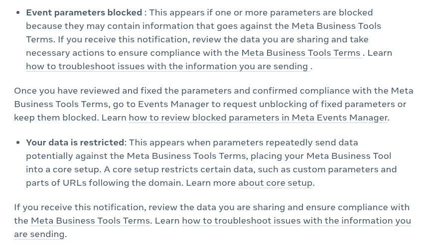 Help Center definitions of the Event parameters blocked and Your data is restricted notifications, with links to the Meta Business Tools Terms.