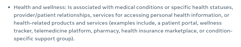 Historical Meta Help Center definition of the Health and wellness data source category.