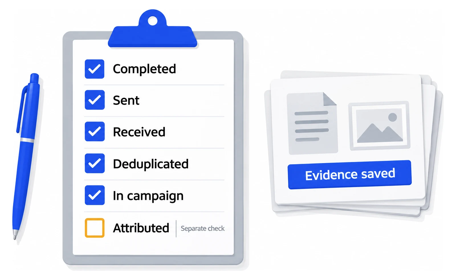 Illustration of a clipboard checklist with Completed, Sent, Received, Deduplicated and In campaign ticked, Attributed left as a separate check, beside a stack of cards labelled evidence saved.