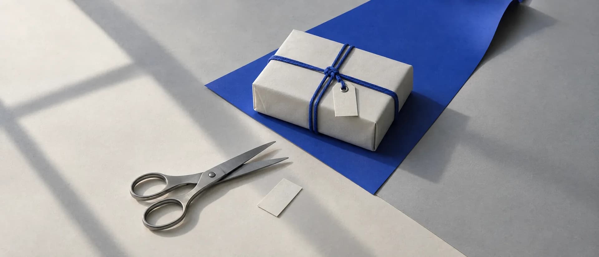 A parcel tied with cobalt string whose tag has been trimmed by scissors; the cut half lies beside them.
