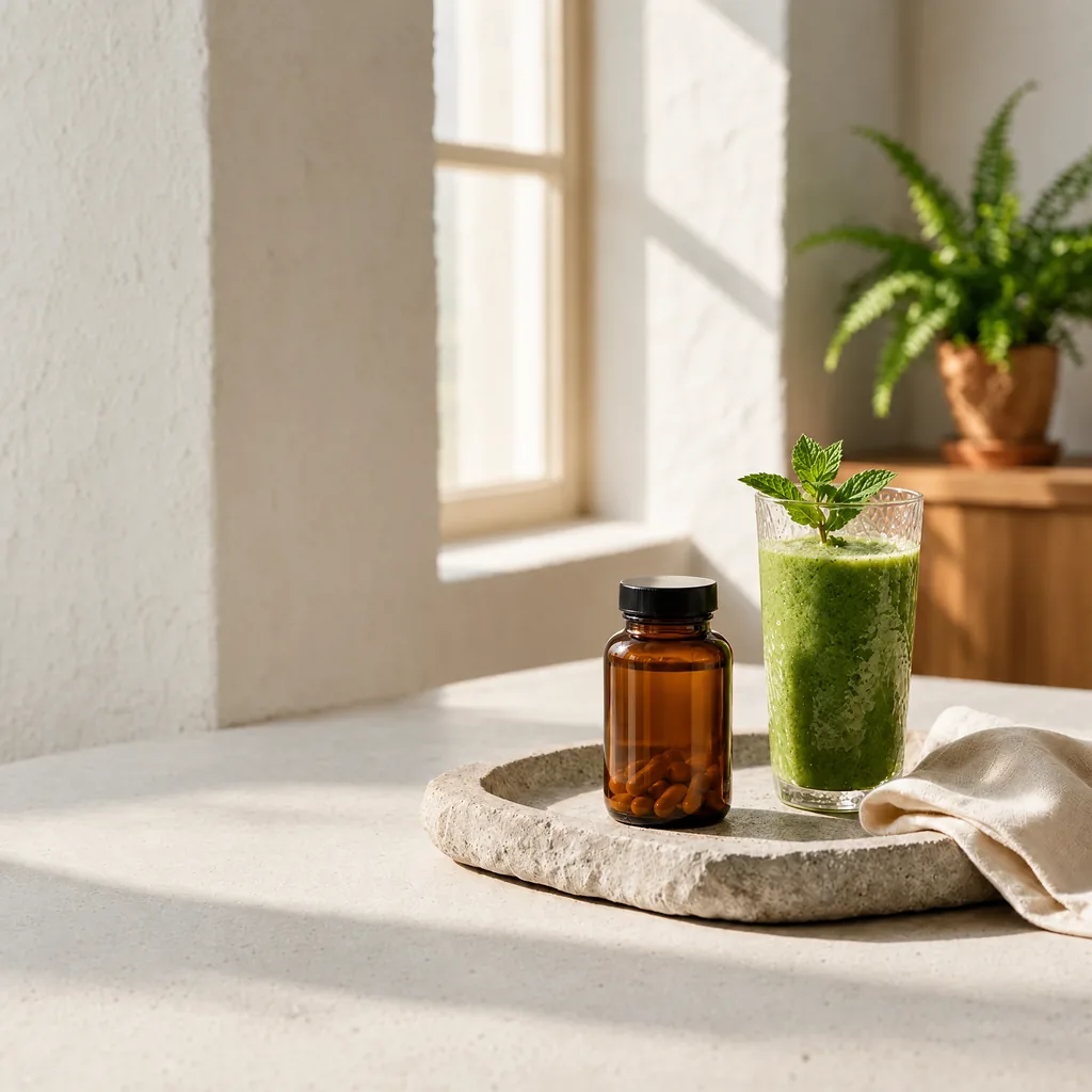 Amber capsule jar and a green smoothie with mint on a stone tray in window light